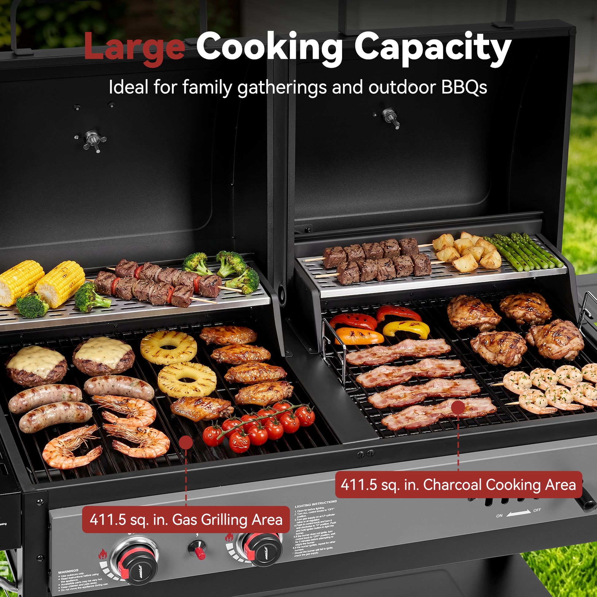 A large black multi-zone Royal Gourmet outdoor grill shown open with food cooking on the grates and shelves. Text at the top reads 'Large Cooking Capacity' and 'Ideal for family gatherings and outdoor BBQs,' with callout labels noting 411.