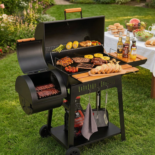 Royal Gourmet  Outdoor barbecue grill with food and drinks on a grassy area