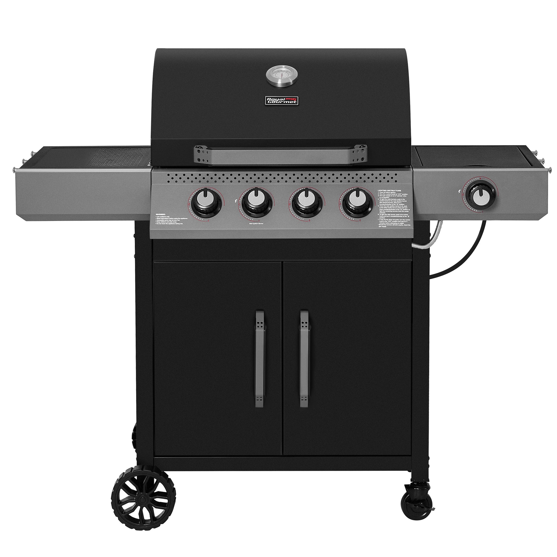 Black and gray Royal Gourmet barbecue grill on a white background