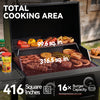 Black Royal Gourmet gas grill with open lid showing cooked meat, vegetables, and potatoes on the grates. Large overlaid text reads 'TOTAL COOKING AREA' with measurements '99.