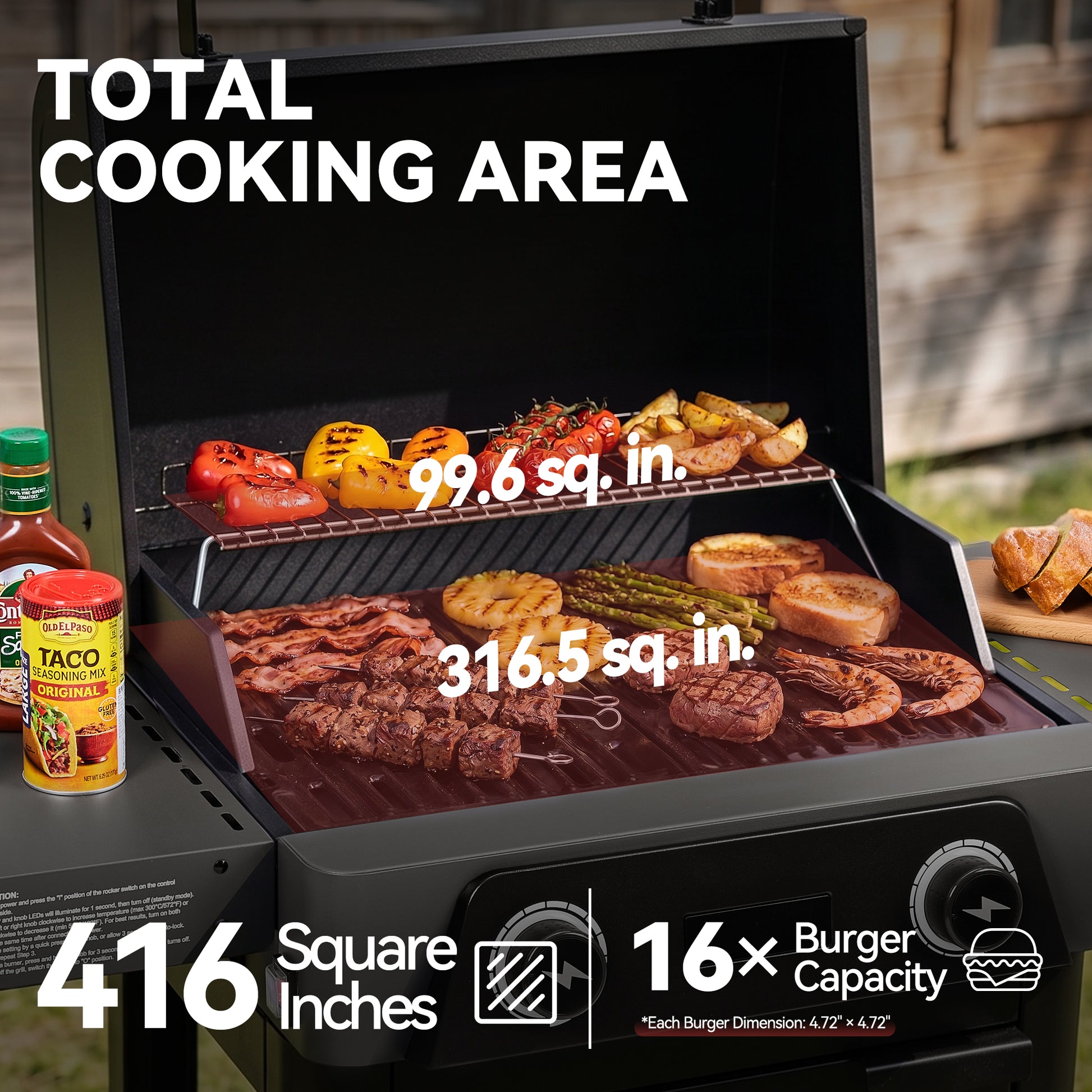 Black Royal Gourmet gas grill with open lid showing cooked meat, vegetables, and potatoes on the grates. Large overlaid text reads 'TOTAL COOKING AREA' with measurements '99.