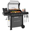 A Royal Gourmet gas grill with an open lid and grill grate, showing cooked meat, vegetables, and burgers on a white background. The grill has a side burner, a propane tank, hanging utensils, and bottles on the side table.