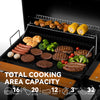 Royal Gourmet Barbecue grill with various foods cooking on it, showing capacity text and graphics.