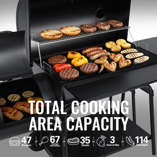 Black grill with various food items being cooked, showing total cooking area capacity.