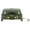 An olive green Royal Gourmet portable propane stove with a black handle on top, two orange control knobs, and a brass-and-silver regulator attached to the side, shown on a plain white background.