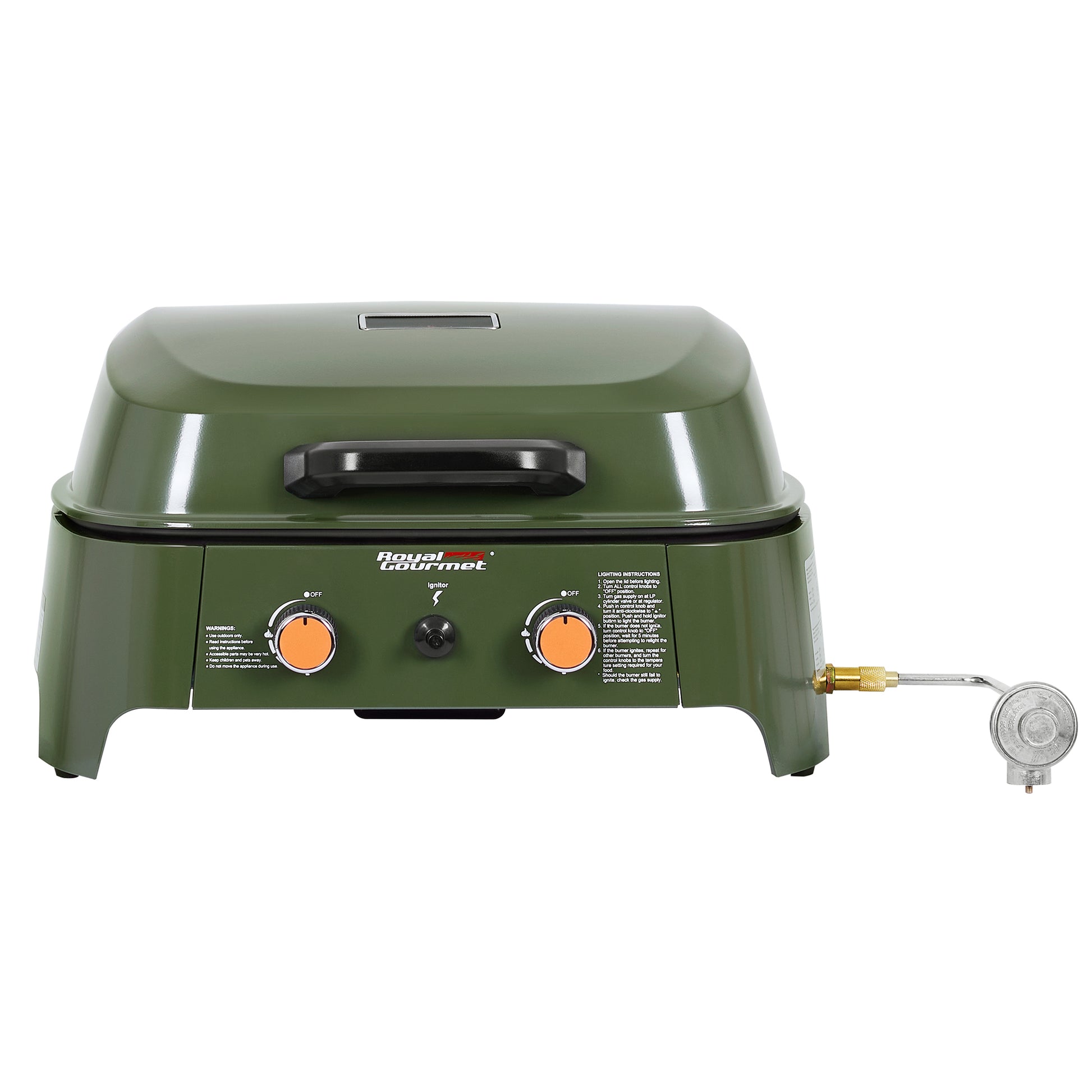 An olive green Royal Gourmet portable propane stove with a black handle on top, two orange control knobs, and a brass-and-silver regulator attached to the side, shown on a plain white background.