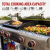 A stainless steel Royal Gourmet  outdoor gas grill with multiple control knobs, shown cooking food on a griddle and grill rack. A large text overlay at the top reads 'TOTAL COOKING AREA CAPACITY' with icons for burgers, chicken, steaks, kebuts, and sausages, and a spatula is visible on the left.