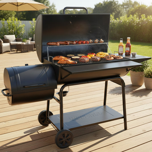 Barbecue grill with food on a wooden deck