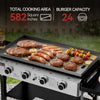 Outdoor Royal Gourmet grill with food being cooked, showing total cooking area and burger capacity.