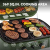 A green outdoor Royal Gourmet gas grill with the lid open, shown cooking chicken, burgers, sausages, onions, peppers, and tomatoes. Large white text at the top reads '369 SQ.