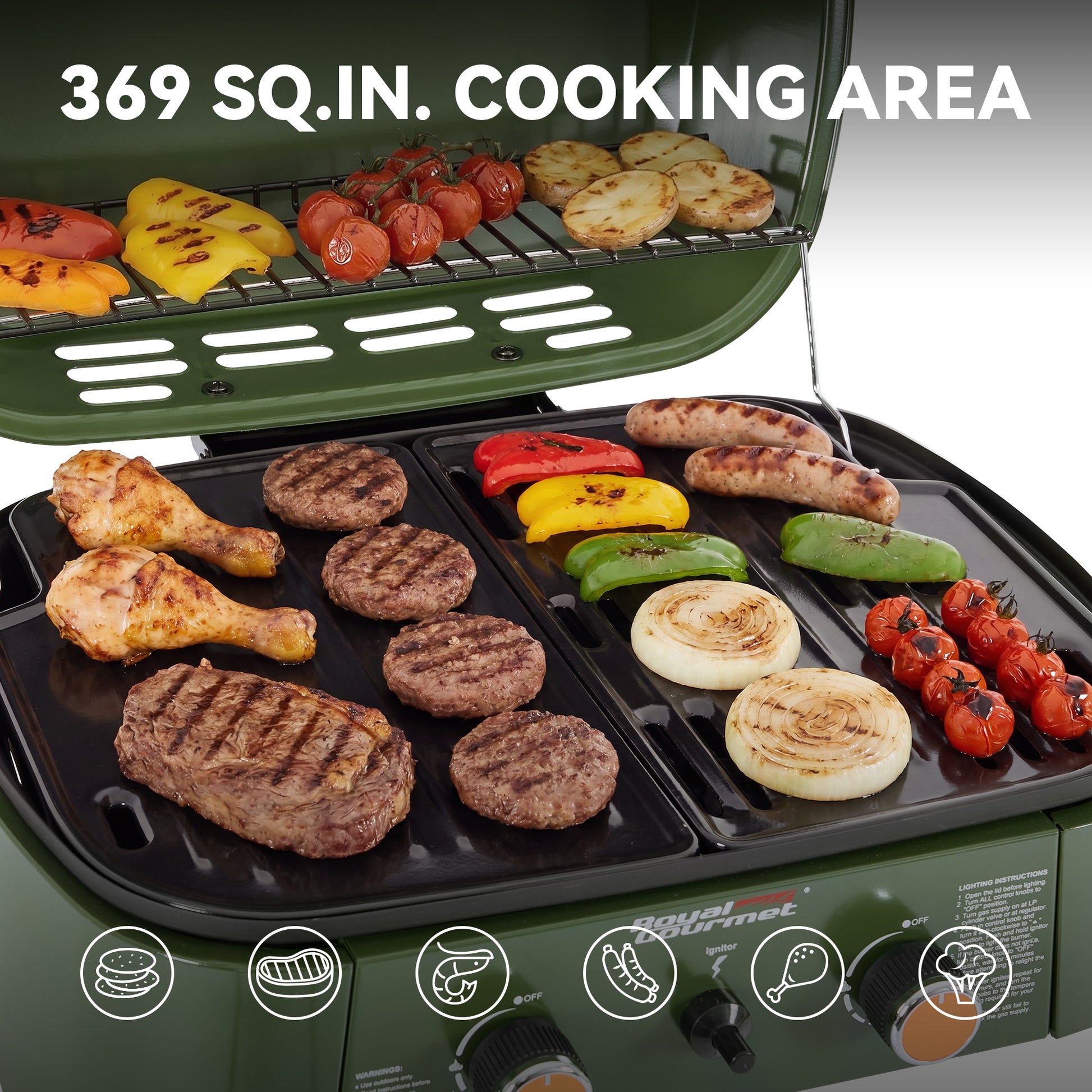 A green outdoor Royal Gourmet gas grill with the lid open, shown cooking chicken, burgers, sausages, onions, peppers, and tomatoes. Large white text at the top reads '369 SQ.