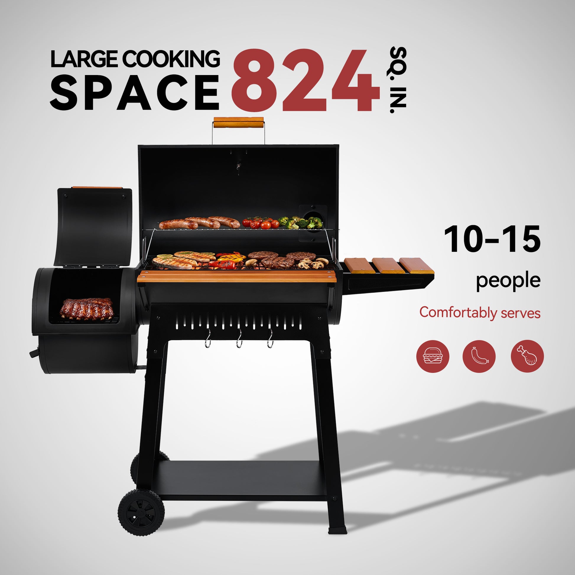 Black  Royal Gourmet  barbecue grill with cooking space and capacity information on a white background