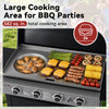 A large outdoor Royal Gourmet gas grill with a flat top griddle shown cooking chicken, burgers, asparagus, tomatoes, mushrooms, corn, and sausages. Promotional text at the top reads 'Large Cooking Area for BBQ Parties' and '582 sq.