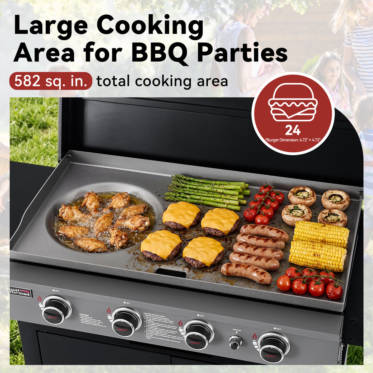 A large outdoor Royal Gourmet gas grill with a flat top griddle shown cooking chicken, burgers, asparagus, tomatoes, mushrooms, corn, and sausages. Promotional text at the top reads 'Large Cooking Area for BBQ Parties' and '582 sq.