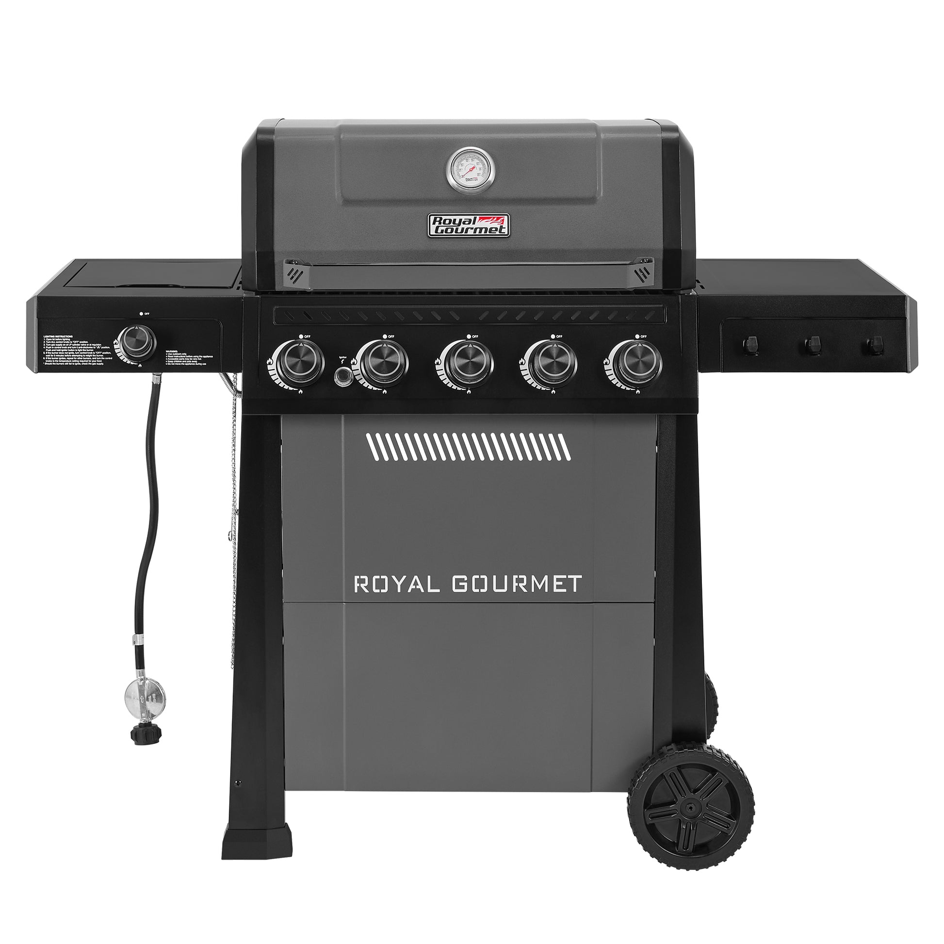 A Royal Gourmet gas grill in dark gray and black, featuring five control knobs, side shelves, a hanging gas regulator, and wheels, shown against a plain white background.