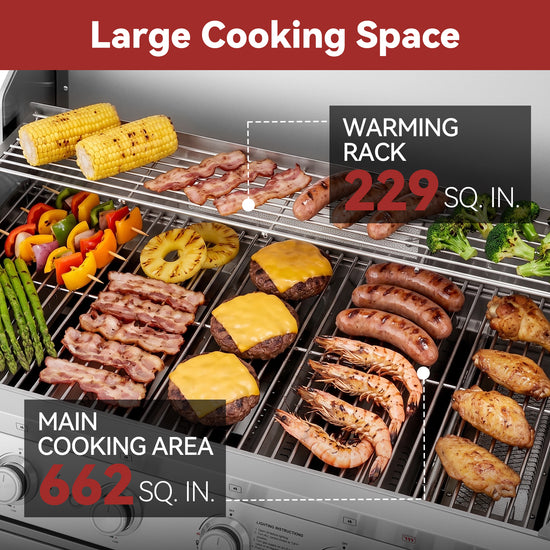 An electric Royal Gourmet grill with multiple food items cooking on its main grates and warming rack, featuring text callouts highlighting 'Large Cooking Space' with 'Main Cooking Area 662 SQ. IN.
