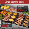 An electric Royal Gourmet grill with multiple food items cooking on its main grates and warming rack, featuring text callouts highlighting 'Large Cooking Space' with 'Main Cooking Area 662 SQ. IN.