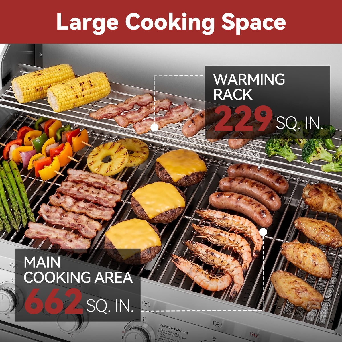 An electric Royal Gourmet grill with multiple food items cooking on its main grates and warming rack, featuring text callouts highlighting 'Large Cooking Space' with 'Main Cooking Area 662 SQ. IN.