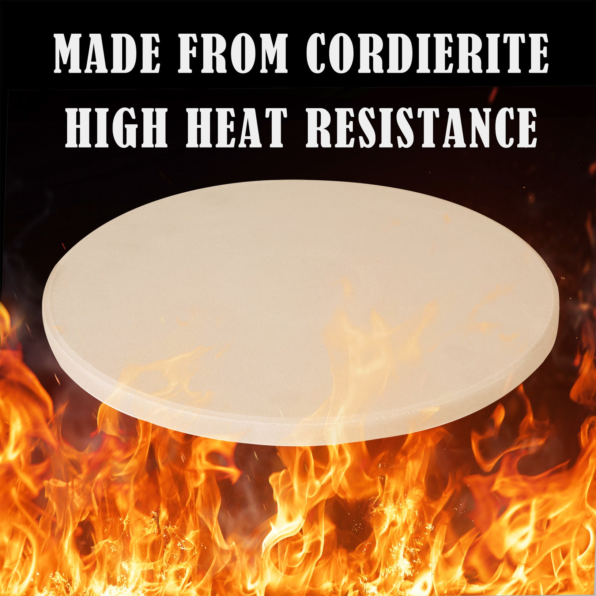 Cordierite material withstands high heat with flames surrounding it, emphasizing its high heat resistance.
