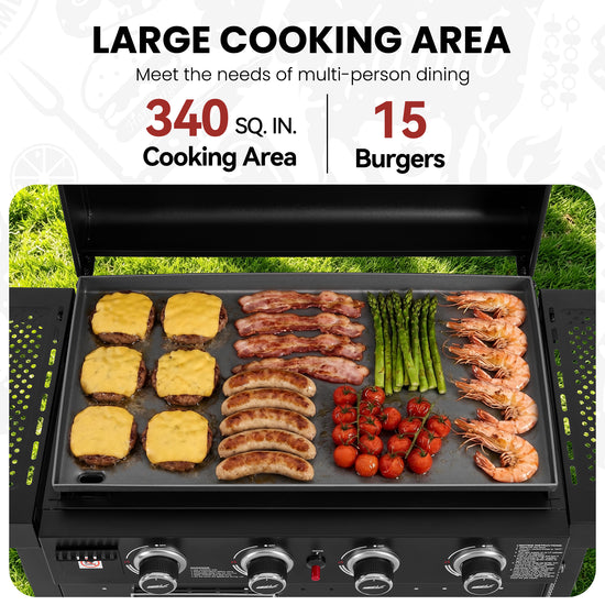 A large black outdoor Royal Gourmet gas grill shown open with multiple foods cooking on the griddle: burger patties with melted cheese, bacon, sausages, asparagus, shrimp, and cherry tomatoes. Above the grill, text reads 'LARGE COOKING AREA' with '340 SQ.