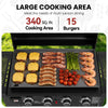 A large black outdoor Royal Gourmet gas grill shown open with multiple foods cooking on the griddle: burger patties with melted cheese, bacon, sausages, asparagus, shrimp, and cherry tomatoes. Above the grill, text reads 'LARGE COOKING AREA' with '340 SQ.