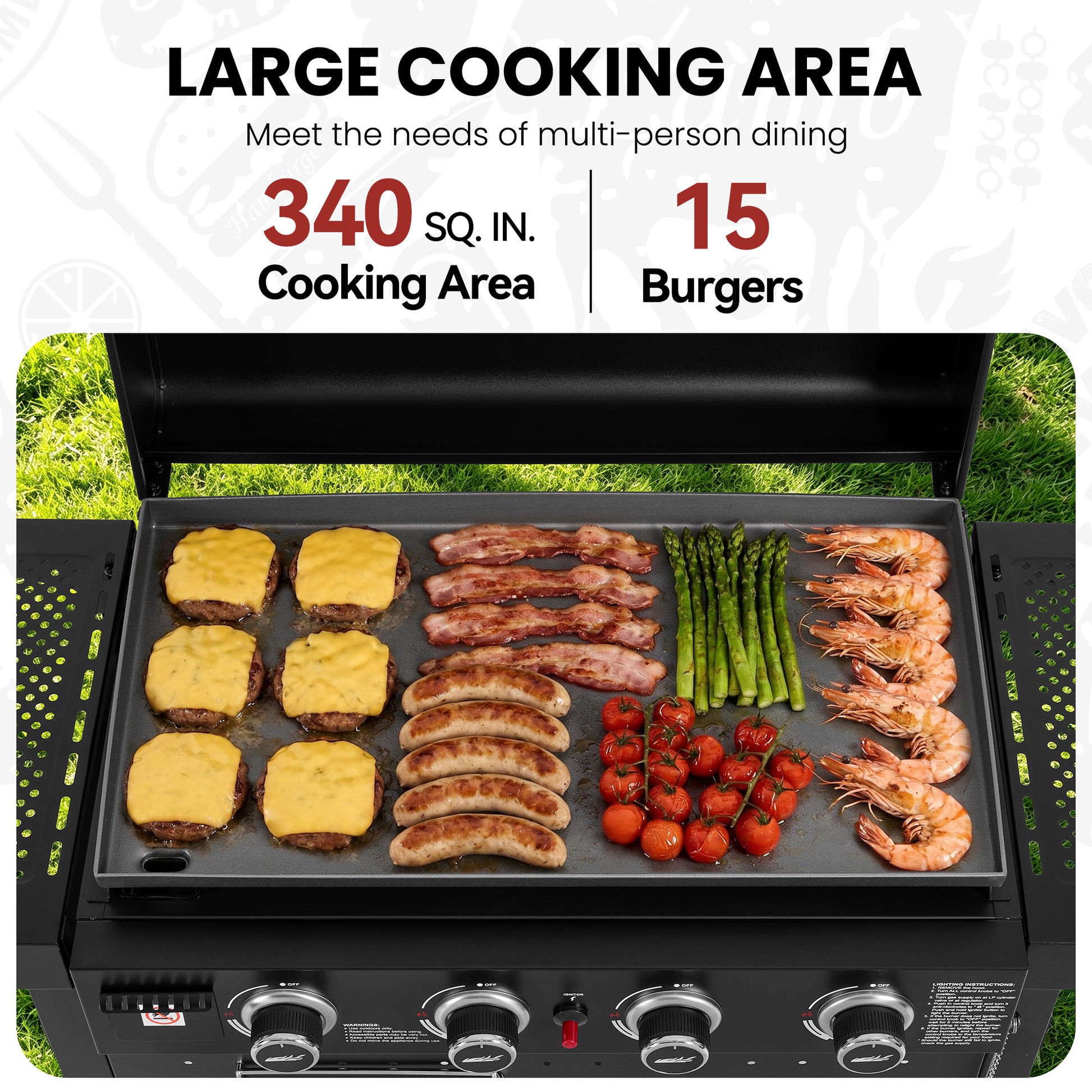 A large black outdoor Royal Gourmet gas grill shown open with multiple foods cooking on the griddle: burger patties with melted cheese, bacon, sausages, asparagus, shrimp, and cherry tomatoes. Above the grill, text reads 'LARGE COOKING AREA' with '340 SQ.