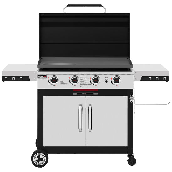 A 36-inch Royal Gourmet gas grill with side tables and a black lid, featuring a stainless steel control panel and lower cabinet, shown on a white background.