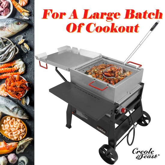 Creole Feast Grill with food on a white background and side view of grill with food, surrounded by seafood and text 'For A Large Batch Of Cookout'.