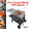 Creole Feast Grill with food on a white background and side view of grill with food, surrounded by seafood and text 'For A Large Batch Of Cookout'.