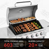 A stainless steel Royal Gourmet gas grill with the lid open, shown cooking sausages, burgers, skewers, shrimp, chicken, and broccoli. Promotional text at the bottom reads 'TOTAL COOKING AREA 603 Square Inches' and 'BURGER CAPACITY 20x'.