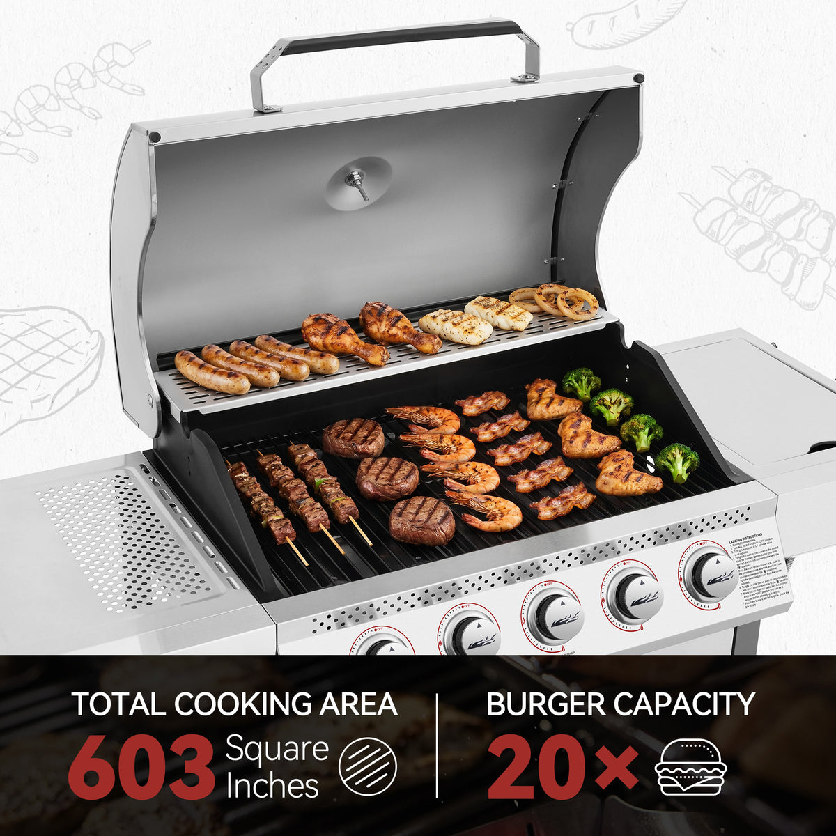 A stainless steel Royal Gourmet gas grill with the lid open, shown cooking sausages, burgers, skewers, shrimp, chicken, and broccoli. Promotional text at the bottom reads 'TOTAL COOKING AREA 603 Square Inches' and 'BURGER CAPACITY 20x'.