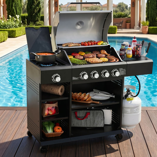 Royal Gourmet Barbecue grill with food on a patio by a pool