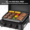Royal Gourmet Black portable grill with food on a white background, featuring text about cooking surface area.