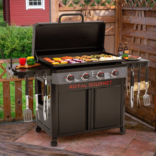 Grill with food on a patio area, featuring 'Royal Gourmet' branding.