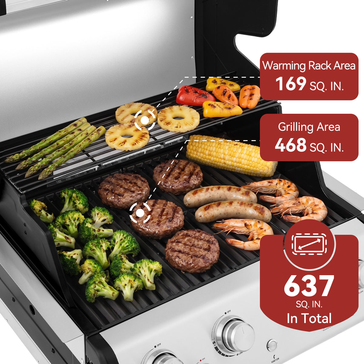 Royal Gourmet  Gas grill with food cooking on the grates and a warming rack, shown with overlaid area measurements for warming rack area, grilling area, and total square inches.