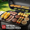 An open black outdoor Royal Gourmet grill with multiple foods cooking on its grates, including corn, bacon, potatoes, burgers, skewers, onions, and grilled pineapple. A red and white text badge at the bottom reads '369 SQ.