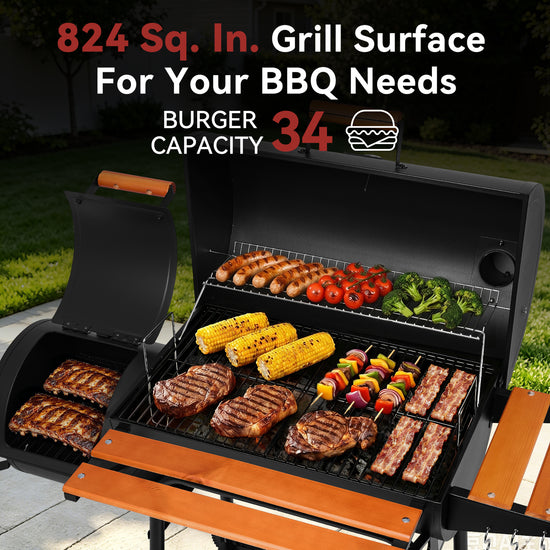 A black multi-zone Royal Gourmet outdoor grill with an open lid and extended wooden lower shelf, shown cooking ribs, steaks, burgers, corn, broccoli, tomatoes, and kebabs on a patio. Large promotional text at the top reads '824 Sq.