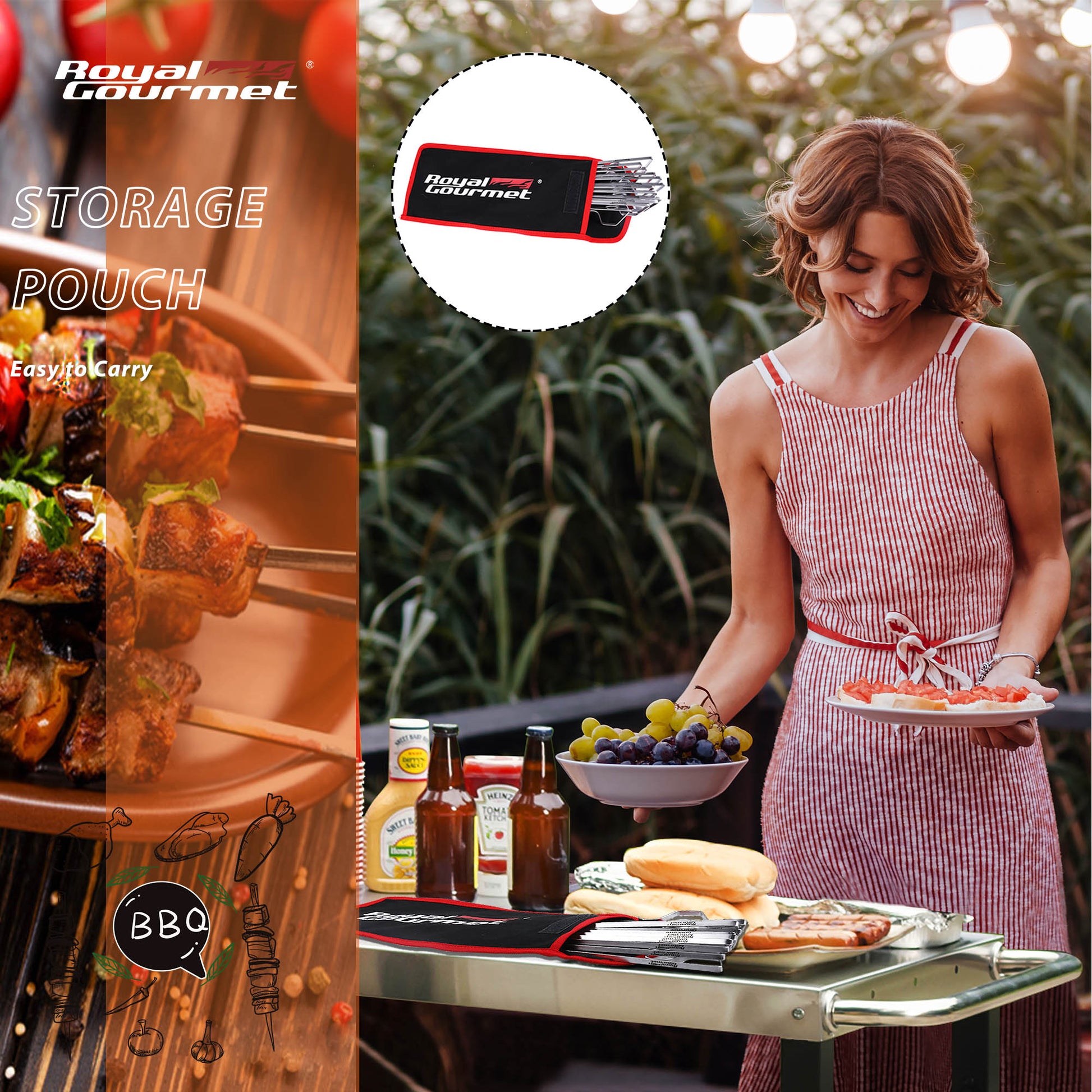 Woman grilling outdoors with a Royal Gourmet storage pouch displayed on the left.