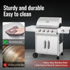 Stainless steel Royal Gourmet grill with text highlighting durability and ease of cleaning.