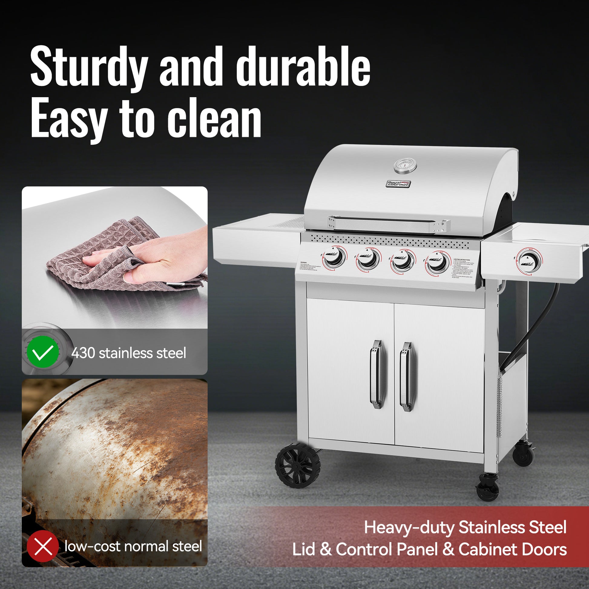 Stainless steel Royal Gourmet grill with text highlighting durability and ease of cleaning.