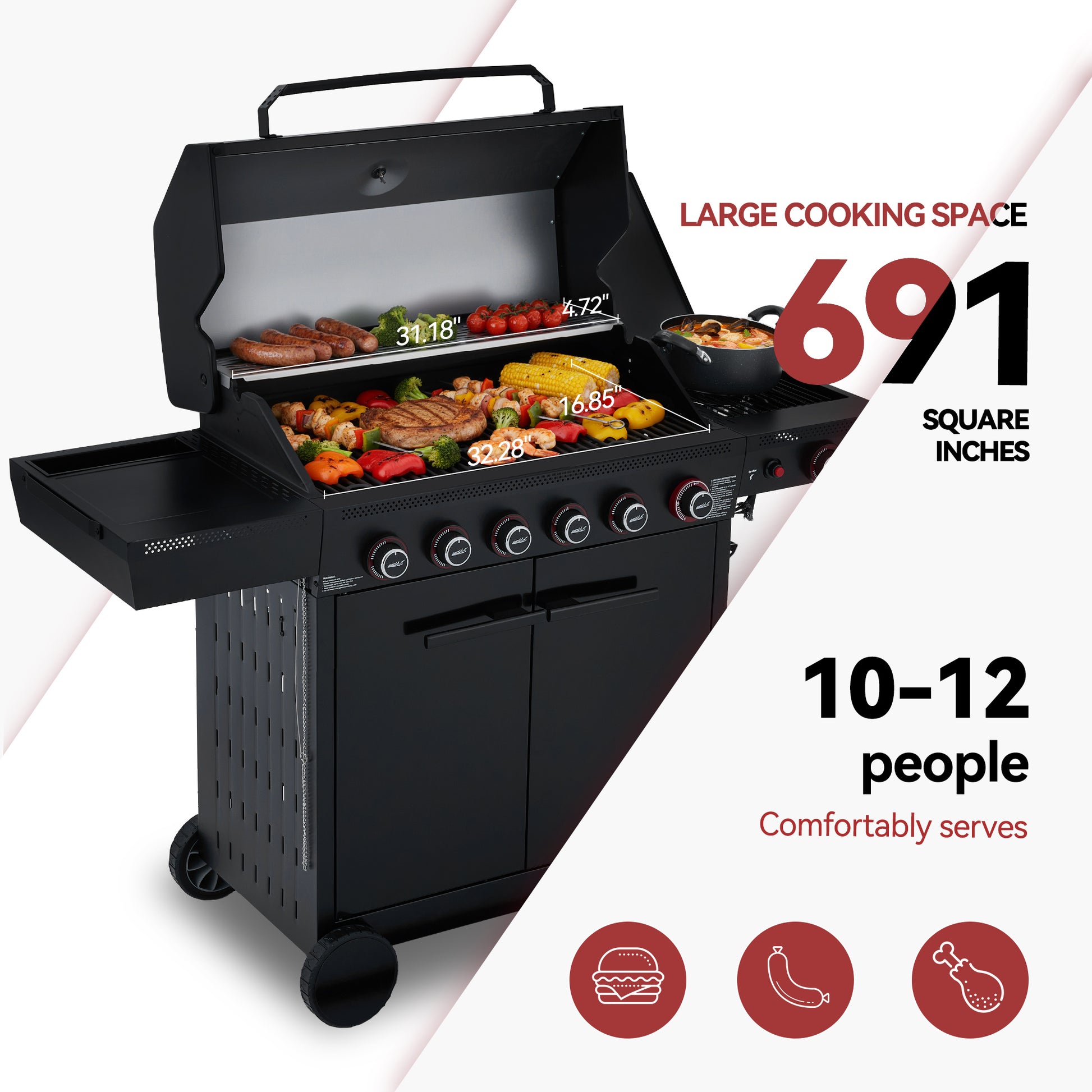 Black Royal Gourmet barbecue grill with cooking space details on a white background