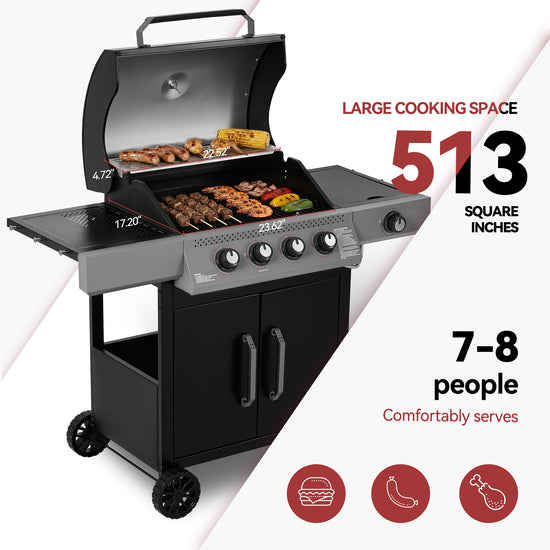 Black barbecue grill with cooking food on a white background, featuring text about cooking space and capacity.