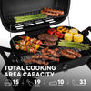 Royal Gourmet Black grill with various food items being cooked, including burgers, sausages, and vegetables.