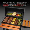 Royal Gourmet Barbecue grill with food items on a gray background, featuring text about cooking area and burger capacity.