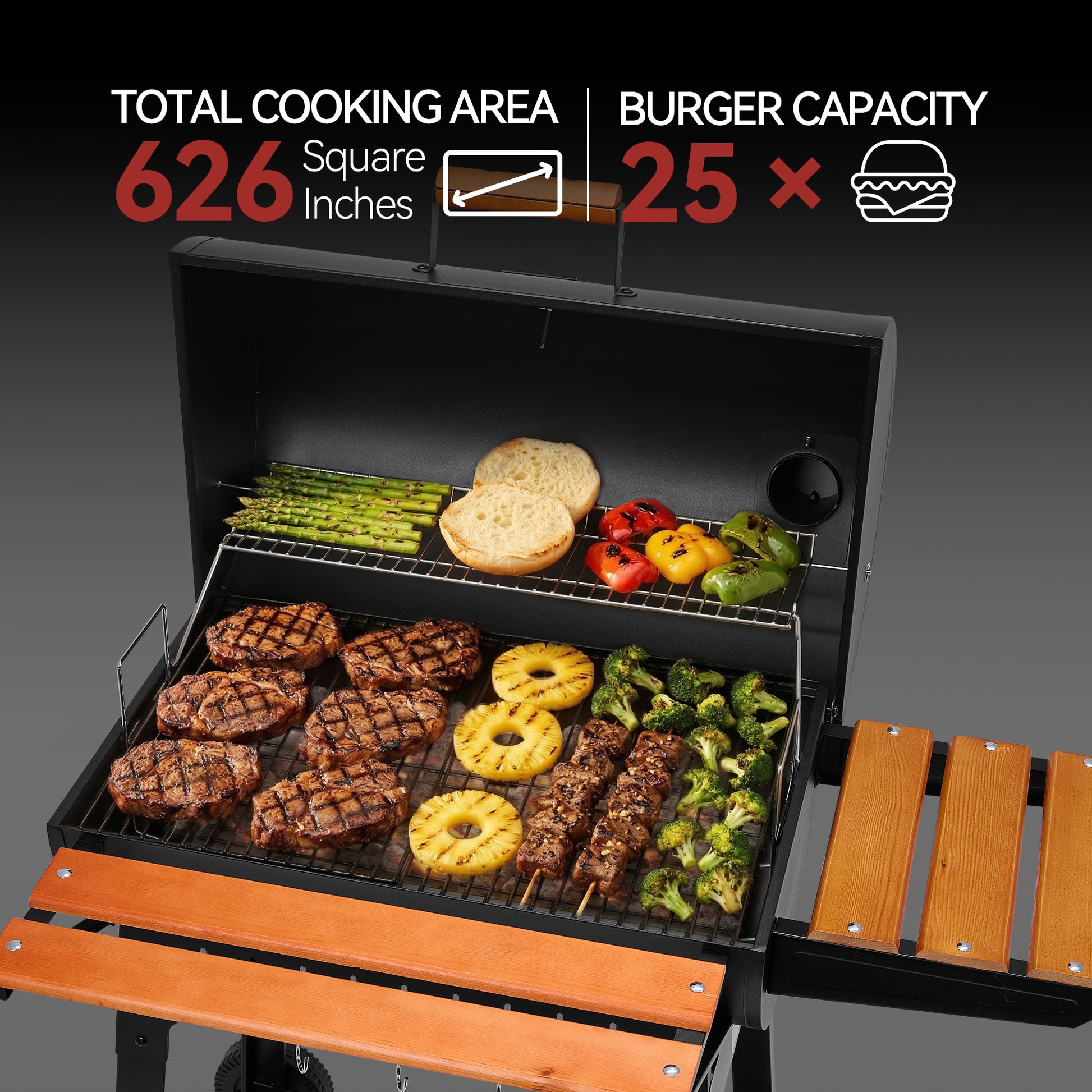 Royal Gourmet Barbecue grill with food items on a gray background, featuring text about cooking area and burger capacity.