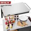 Royal Gourmet Stainless steel countertop with various condiments and a cutting board, featuring a brand logo.