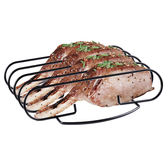 Grilled octopus on a Royal Gourmet black metal rack with herbs on a white background