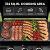 An open Royal Gourmet gas grill with a large flat top griddle displaying cooked hamburgers, chickens, steaks, sausages, shrimp, and vegetables. Text at the top reads '314 SQ.