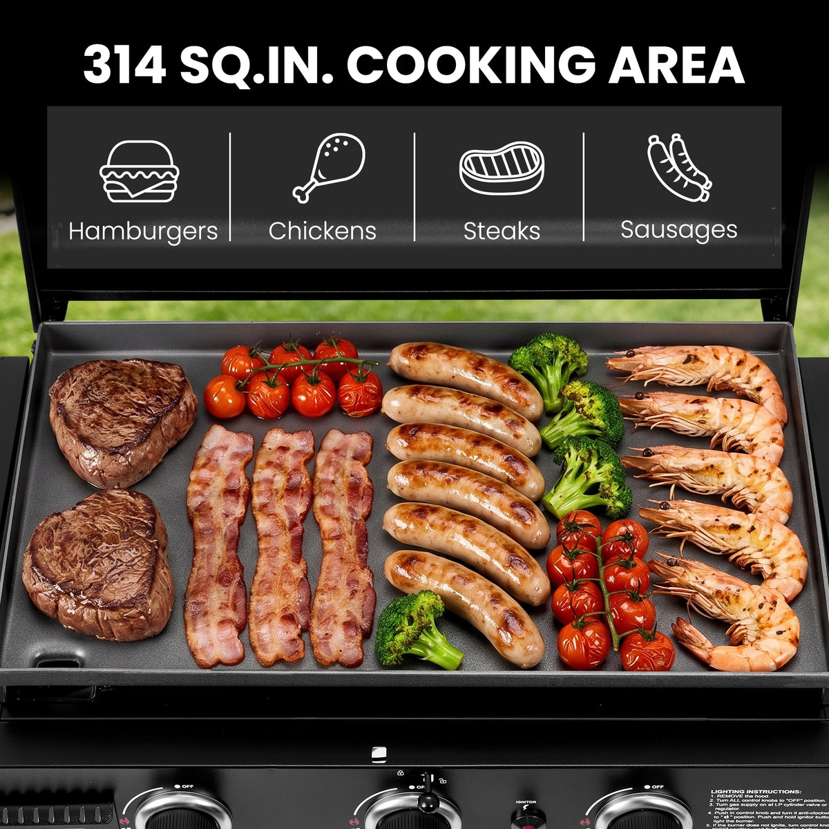An open Royal Gourmet gas grill with a large flat top griddle displaying cooked hamburgers, chickens, steaks, sausages, shrimp, and vegetables. Text at the top reads '314 SQ.