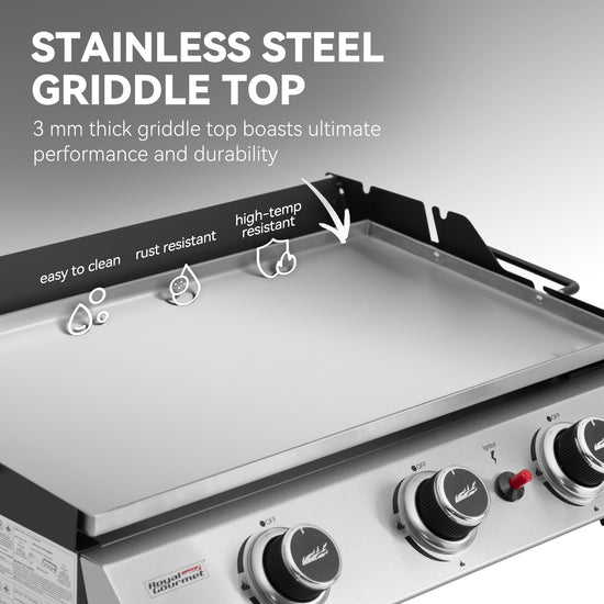 Stainless steel Royal Gourmet  griddle top with text highlighting features on a gray background